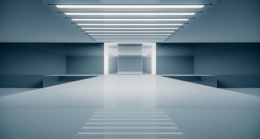 Boş fütüristik iç mekan. Moda podyumu. Podyum pisti sahnesi. Zarif kaide platformu. 3B Hazırlama