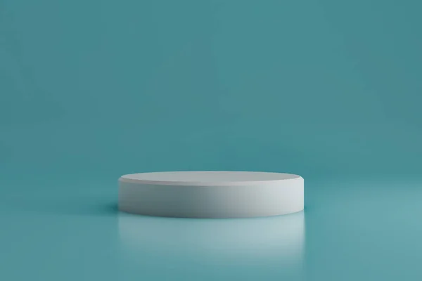 Mavi arka planı olan yuvarlak beyaz sahne podyumu. Yaya taşı. Ödül töreni sahnesi. 3d oluşturma.