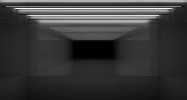 現代の未来の概念背景 光と未来的なきれいな暗いボックスのインテリアルームを空にします 3Dレンダリング — ストック写真