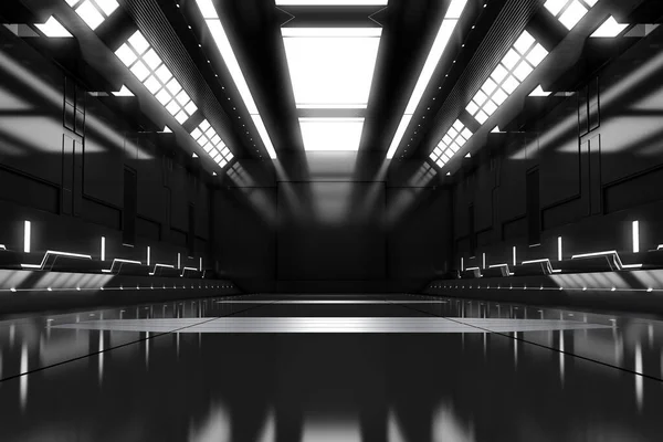 Futuristic Tunnel Light Black Spaceship Corridor Interior View Future Background — Stock Photo, Image