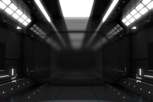 Futuristic tunnel with light. Black Spaceship corridor interior view.Future background, business, sci-fi or science concept. 3D Rendering.