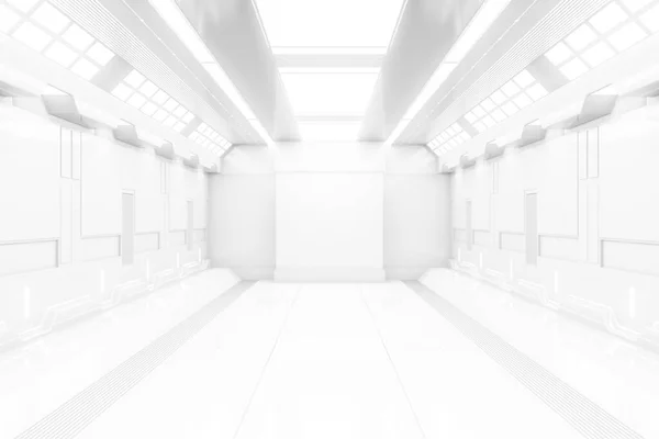 有光的未来主义隧道白色宇宙飞船走廊的内部景观 未来的背景 科幻小说或科学概念 3D渲染 — 图库照片