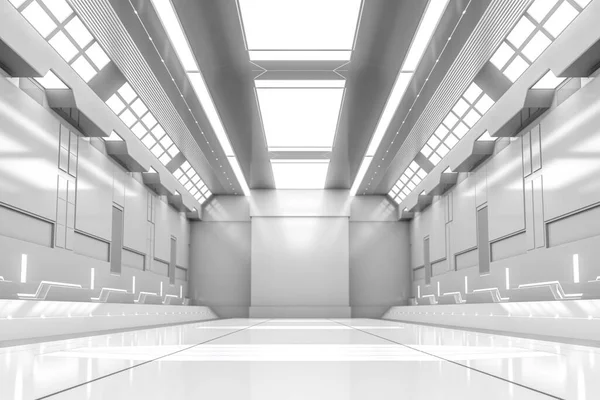 Futurystyczny Tunel Światłem White Spaceship Korytarz Widok Wnętrz Przyszłość Biznes — Zdjęcie stockowe