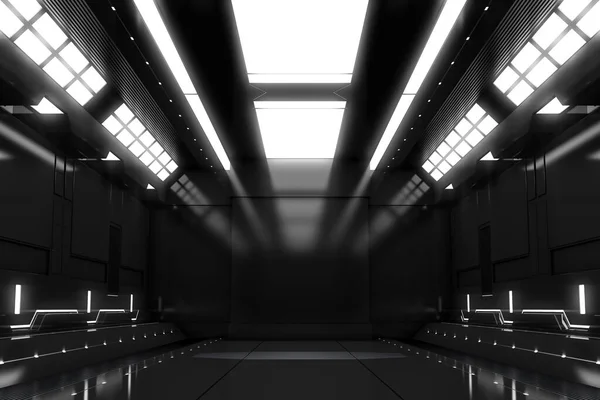 Futurystyczny Tunel Światłem Black Spaceship Korytarz Widok Wnętrz Przyszłość Biznes — Zdjęcie stockowe