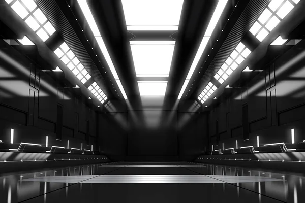 Futuristic tunnel with light. Black Spaceship corridor interior view.Future background, business, sci-fi or science concept. 3D Rendering.