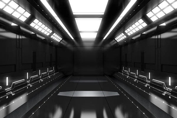 Futuristic Tunnel Light Black Spaceship Corridor Interior View Future Background — Stock Photo, Image