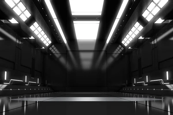 Φουτουριστικό Τούνελ Φως Black Spaceship Διάδρομο Εσωτερική Άποψη Μελλοντικό Υπόβαθρο — Φωτογραφία Αρχείου
