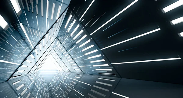 Soyut Üçgen Uzay Gemisi koridoru. Işıklı geleceksel tünel. Geleceğin iç mimarisi, iş dünyası, bilim kurgu konsepti. 3d oluşturma