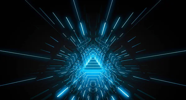 Soyut Üçgen ışık koridoru. Fütürist tünel. Geleceğin iç mimarisi, iş dünyası, bilim kurgu konsepti. 3d oluşturma