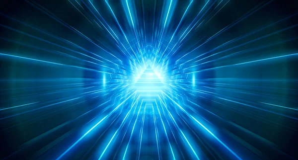 Soyut Üçgen ışık koridoru. Fütürist tünel. Geleceğin iç mimarisi, iş dünyası, bilim kurgu konsepti. 3d oluşturma