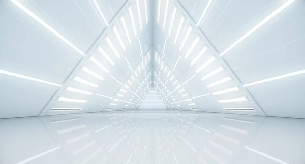 Soyut Üçgen Uzay Gemisi koridoru. Işıklı geleceksel tünel. Geleceğin iç mimarisi, iş dünyası, bilim kurgu konsepti. 3d oluşturma