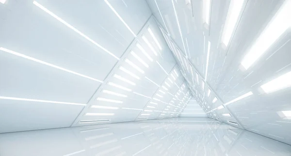Soyut Üçgen Uzay Gemisi Koridoru Işıklı Geleceksel Tünel Geleceğin Mimarisi — Stok fotoğraf