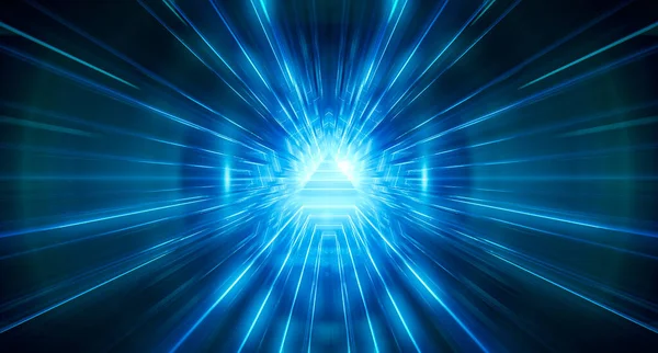 Soyut Üçgen ışık koridoru. Fütürist tünel. Geleceğin iç mimarisi, iş dünyası, bilim kurgu konsepti. 3d oluşturma
