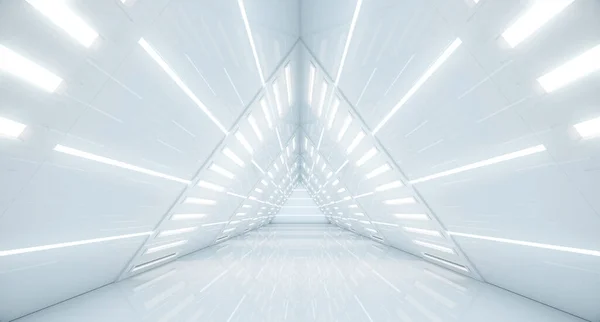 Soyut Üçgen Uzay Gemisi koridoru. Işıklı geleceksel tünel. Geleceğin iç mimarisi, iş dünyası, bilim kurgu konsepti. 3d oluşturma