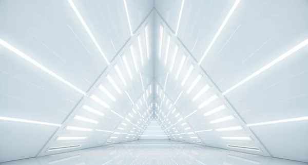 Abstrakt Triangel Rymdskepp Korridor Futuristisk Tunnel Med Ljus Framtida Inredningsbakgrund — Stockfoto