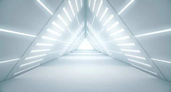 概要三角形の宇宙船回廊 光で未来的なトンネル 将来のインテリアの背景 ビジネス Sf科学の概念 3Dレンダリング — ストック写真