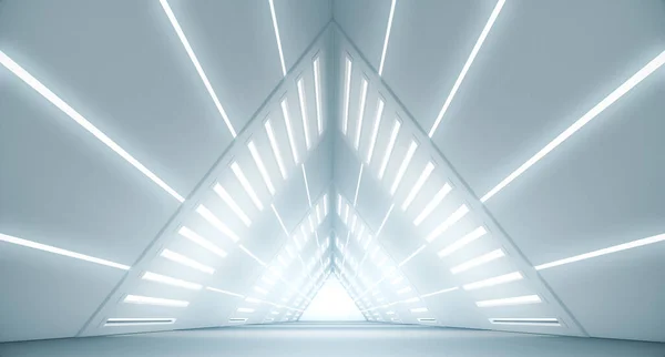 Abstract Triangle Spaceship Corridor Futuristic Tunnel Light Future Interior Background — Stock Photo, Image