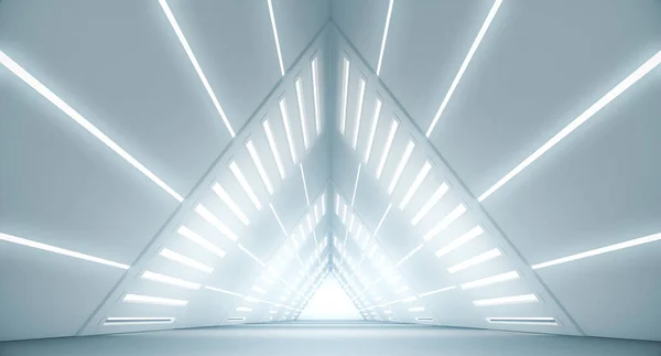 Soyut Üçgen Uzay Gemisi koridoru. Işıklı geleceksel tünel. Geleceğin iç mimarisi, iş dünyası, bilim kurgu konsepti. 3d oluşturma
