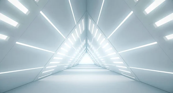 Absztrakt Háromszög Űrhajó Folyosó Futurisztikus Alagút Fénnyel Jövőbeli Belső Háttér — Stock Fotó