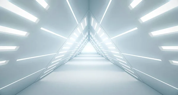 Soyut Üçgen Uzay Gemisi koridoru. Işıklı geleceksel tünel. Geleceğin iç mimarisi, iş dünyası, bilim kurgu konsepti. 3d oluşturma