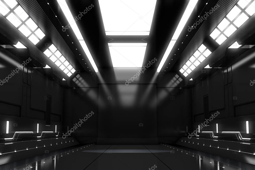 Futuristic tunnel with light. Black Spaceship corridor interior view.Future background, business, sci-fi or science concept. 3D Rendering.