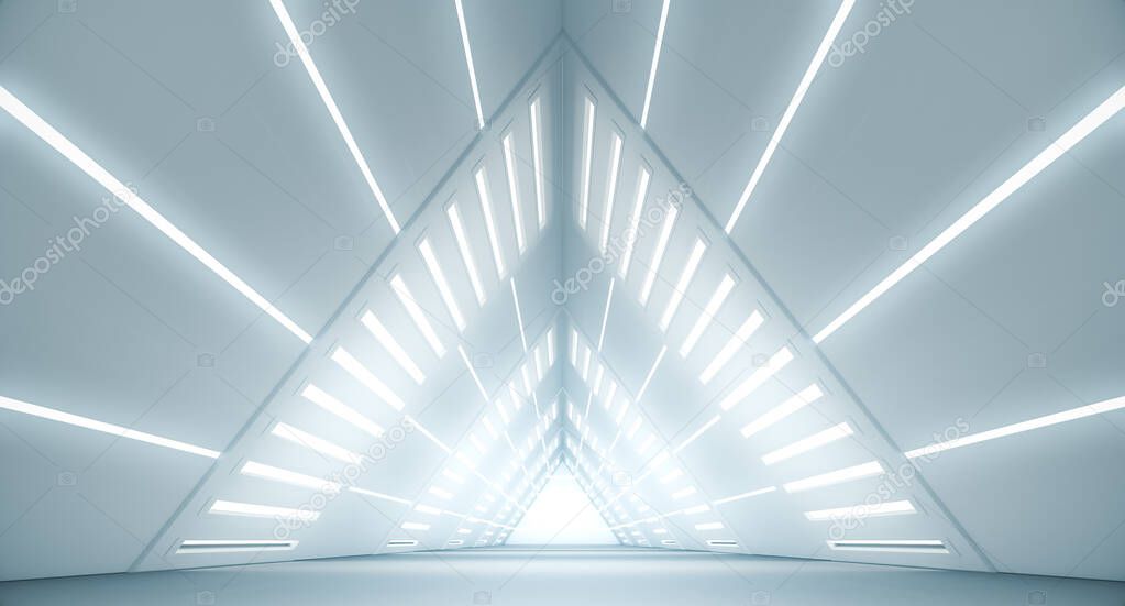 Abstract Triangle Spaceship corridor. Futuristic tunnel with light. Future interior background, business, sci-fi science concept. 3d rendering