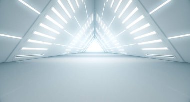 Soyut Üçgen Uzay Gemisi koridoru. Işıklı geleceksel tünel. Geleceğin iç mimarisi, iş dünyası, bilim kurgu konsepti. 3d oluşturma