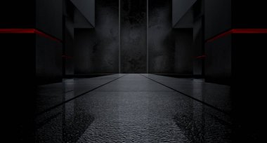 Soyut modern iç mekan. Büyük salonda bilardo salonu var. Fütürist bir kavram. Gelecekteki geçmişi. 3d illüstrasyon.