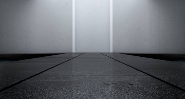 Beton zemin ve havuzu olan modern koridor. Ürün gösterimi için fütürist Büyük Alan arkaplanı. 3d hazırlayıcı.