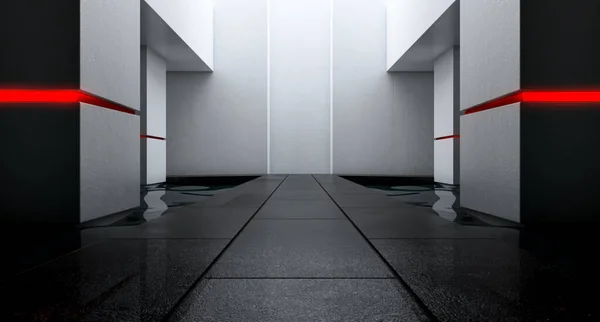 带游泳池的大厅里很长一段路要走 未来主义概念 未来的背景 3D说明 — 图库照片