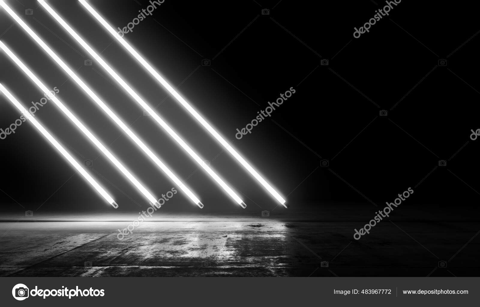 Futuristic Sci Fi White Neon Light On Dark Room Background, Dark