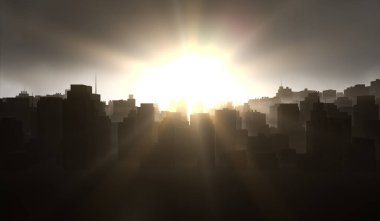 Siluet şehrin arka planında güneş ışığı var. Dumanlı siyah binalar. 3B Resim Hazırlama.