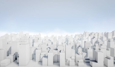 Mavi gökyüzü arkaplanlı beyaz şehir manzarası. Bir sürü bina. 3B Resim Hazırlama.