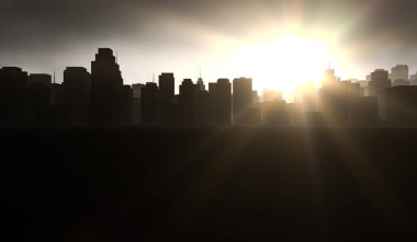 Siluet şehrin arka planında güneş ışığı var. Dumanlı siyah binalar. 3B Resim Hazırlama.