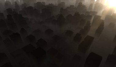 Siluet şehrin arka planında güneş ışığı var. Dumanlı siyah binalar. 3B Resim Hazırlama.