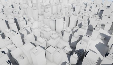 Mavi gökyüzü arkaplanlı beyaz şehir manzarası. Bir sürü bina. 3B Resim Hazırlama.