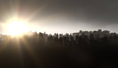 Siluet şehrin arka planında güneş ışığı var. Dumanlı siyah binalar. 3B Resim Hazırlama.