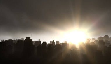 Siluet şehrin arka planında güneş ışığı var. Dumanlı siyah binalar. 3B Resim Hazırlama.