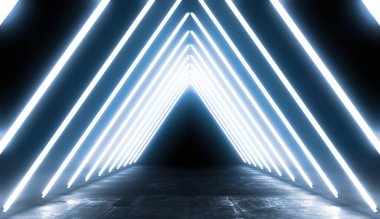 Neon Parlayan Mavi Işıklar Fütüristik Arkaplan. Beton Döşemeli ve Yansımalı Boş Karanlık Oda 'da Parlayan Renkler. Soyut Gelecek Bilim Kurgu Konsepti. 3B Resim Hazırlama