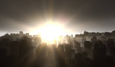 Siluet şehrin arka planında güneş ışığı var. Dumanlı siyah binalar. 3B Resim Hazırlama.