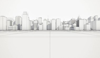 Kablo çerçeveli beyaz şehir manzarası. Bir sürü bina. 3B Resim Hazırlama.