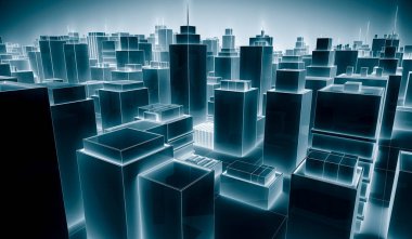 Mavi üzerinde parlak beyaz renkli Neon ışığı olan soyut gelecekçi şehir manzarası. Hi-Tech Dark arka plan konsepti. 3B Resim Hazırlama