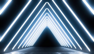 Neon Parlayan Mavi Işıklar Fütüristik Arkaplan. Beton Döşemeli ve Yansımalı Boş Karanlık Oda 'da Parlayan Renkler. Soyut Gelecek Bilim Kurgu Konsepti. 3B Resim Hazırlama