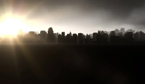 Silueta Cityscape Fondo Con Sol Brillo Edificios Negros Con Humo — Foto de Stock