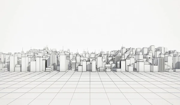 Weiße Stadtlandschaft Mit Drahtgebundenem Linienhintergrund Viele Gebäude Rendering Illustration — Stockfoto