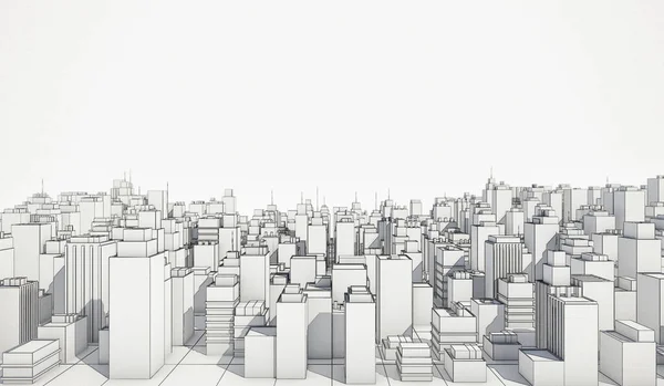 Vit Stadsbild Med Wireframe Linje Bakgrund Många Byggnader Rendering Illustration — Stockfoto
