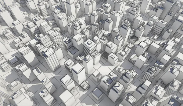 白色城市景观与线框线背景 许多建筑物 3D渲染说明 — 图库照片