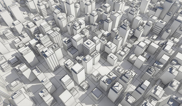 White cityscape with wireframe line background. Many buildings. 3D Rendering Illustration.