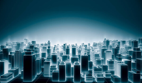 Abstract Futuristic city scape With Neon Glowing Light White Color on blue. Hi-Tech Dark building background concept with line. 3D Rendering Illustration