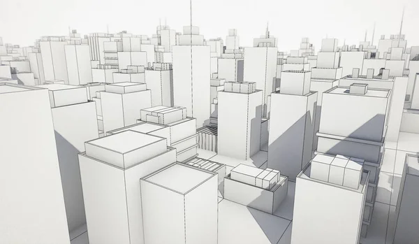 White Cityscape Wireframe Line Background Many Buildings Rendering Illustration — Stock Photo, Image